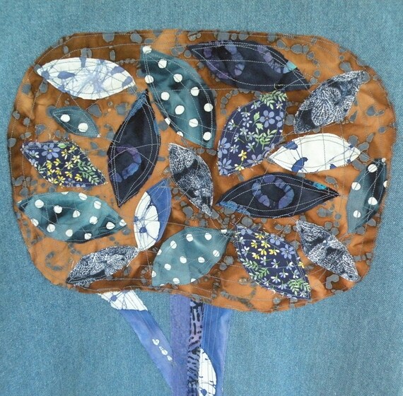 Denim coat, women's jacket, autumn leaves tree, blue brown size Medium Large M L 10 12 spring fall maple leaf, upcycled sustainable fashion