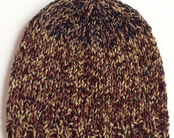 Men's beanie, fall winter spring L XL hand knit watch cap hat, unique textured SOFT silk cotton cap, black beige tan plum i571 chemo hat cap