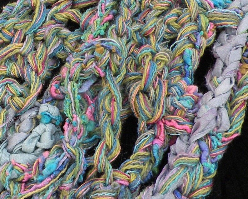 Crochet scarf, women's fashion knit, bohemian fiber art silk wool cotton blue pink purple Lhasa i801 Life's an Expedition LifesanExpedition image 2
