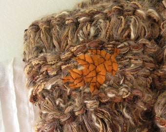 Cowl scarf knit neckwarmer, felted wool leaf, women's winter hood soft wool beige brown gold neck funnel crochet i445 Life's an Expedition