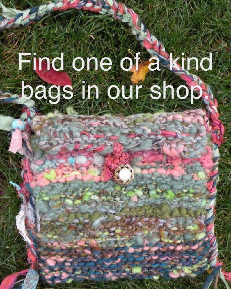 May include: A woven tapestry bag with a colorful striped pattern in shades of pink, green, blue, and brown. The bag has a braided strap and a decorative button.