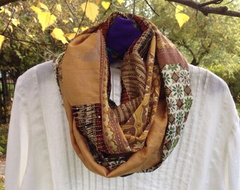 Tribal scarf, women's silk cotton woven scarf, long fashion scarf, Bohemian Lhasa infinity, brown beige green mustard LifesAnExpedition i343