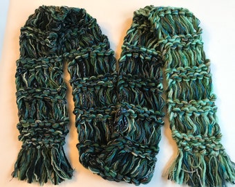 Scarf: hand knit wool chunky winter scarf, men women, dark green blue light green, over 6' long crochet fashion i982 Life's an Expedition