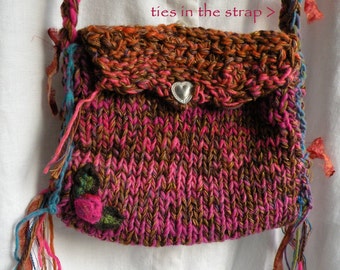Shoulder bag, needle felted purse, handbag with felted rose flower leaves, Bohemian Bag pink wool silk cottagecore i678 Life's an Expedition