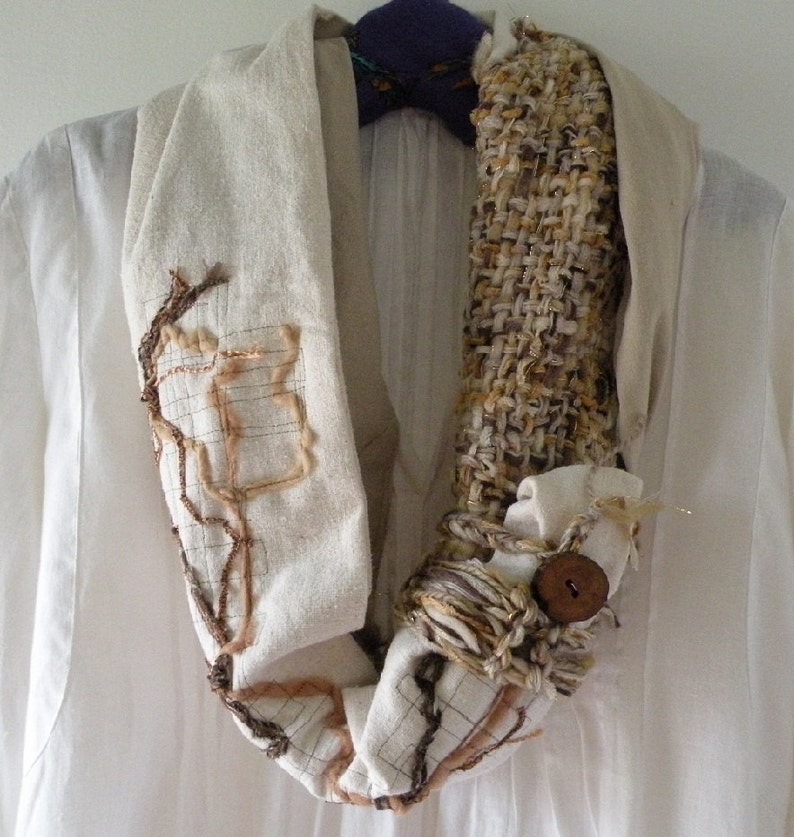 Wearable art scarf, women's knit crochet handwoven woven indie fashion, alpaca wool off white brown tan chunky scarf i356 LifesAnExpedition image 2