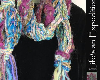 Crochet scarf, women's wearable art Bohemian long wild chunky knit, pink teal blue green purple olive, Lhasa Boho cotton wool scarf i730