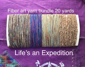 YARN bundle, fiber art yarn kit sampler, mixed media beige brown purple scraps, 20 yards, Life's an Expedition LifesAnExpedition i340