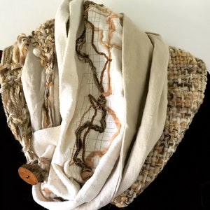 Wearable art scarf, women's knit crochet handwoven woven indie fashion, alpaca wool off white brown tan chunky scarf i356 LifesAnExpedition image 1