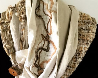 Wearable art scarf, women's knit crochet handwoven woven indie fashion, alpaca wool off white brown tan chunky scarf i356 LifesAnExpedition