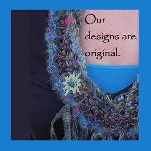 May include: A close-up of a colorful crocheted scarf with a blue background. The text "Our designs are original." is visible on the background.