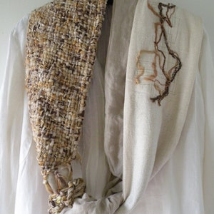 Wearable art scarf, women's knit crochet handwoven woven indie fashion, alpaca wool off white brown tan chunky scarf i356 LifesAnExpedition image 3