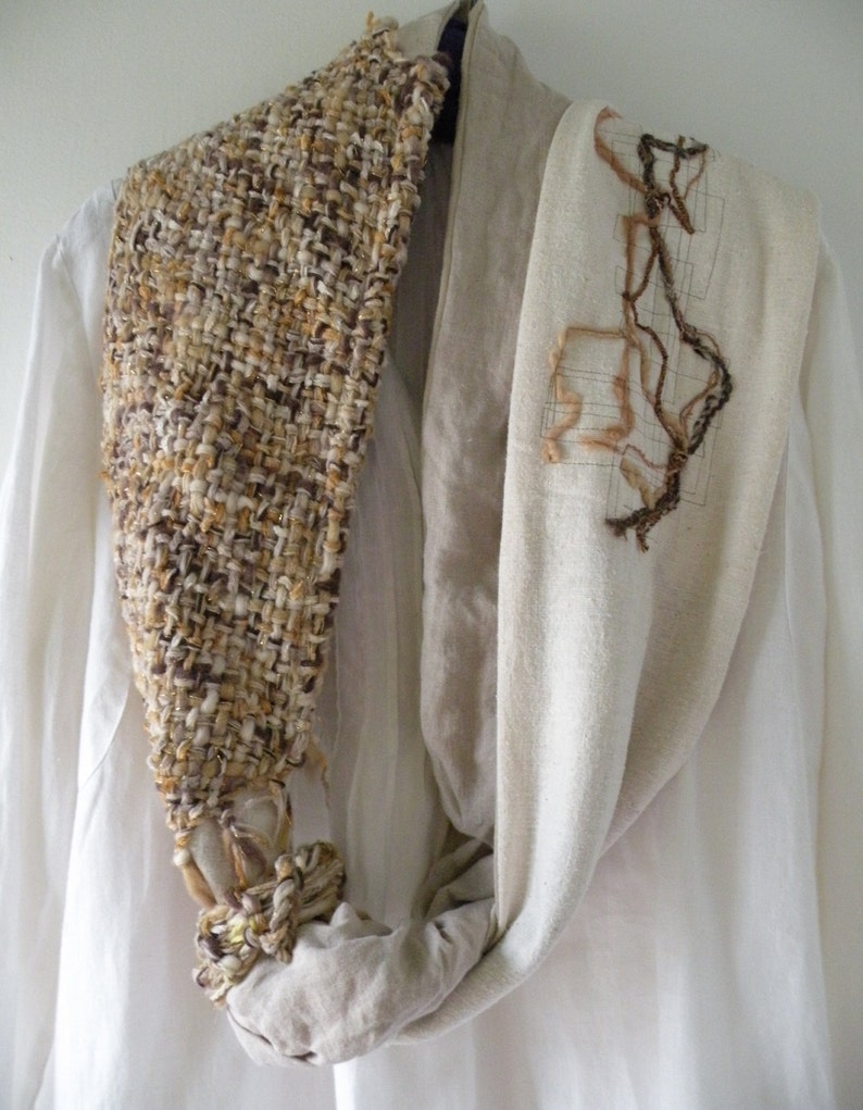 Wearable art scarf, women's knit crochet handwoven woven indie fashion, alpaca wool off white brown tan chunky scarf i356 LifesAnExpedition image 3