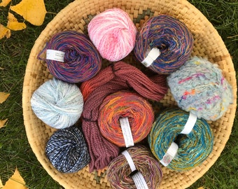 Art Yarn lot 10 skeins, destash pink blue purple mix, cotton wool, worsted dk sock gauges, grab bag, Life's an Expedition