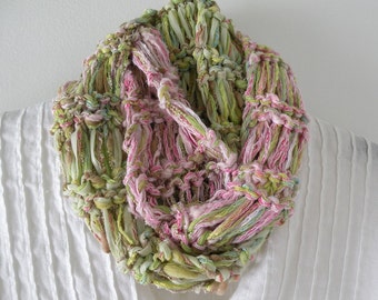 Cowl scarf, women's hand knit winter scarf, cottagecore lime green pink beige tan white, silk cotton, women's crochet scarf i965