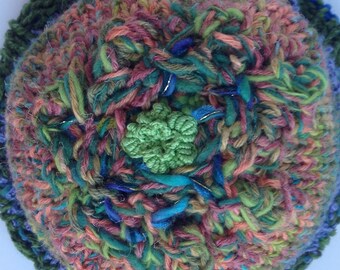 HAT, knit and crochet wool beanie, warm winter hat, women adult fiber art, wearable art, M L XL merino wool cashmere silk, blue green i600