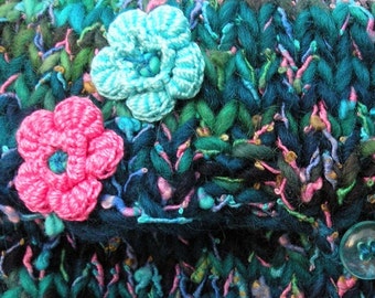 Shoulder bag purse handbag, wedding bag, soft merino wool, beaded flowers, floral teal blue green pink lined bag i671 LifesAnExpedition