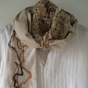 Wearable art scarf, women's knit crochet handwoven woven indie fashion, alpaca wool off white brown tan chunky scarf i356 LifesAnExpedition image 7