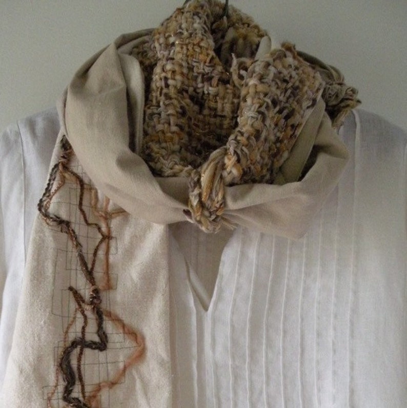 Wearable art scarf, women's knit crochet handwoven woven indie fashion, alpaca wool off white brown tan chunky scarf i356 LifesAnExpedition image 7