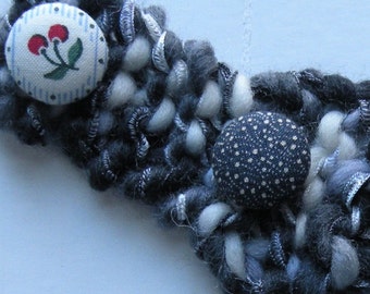 Headband: Black & white 2 1/4" wide hand knit warm gray SOFT wool winter, cherry button, adult women crochet i977 Life's an Expedition