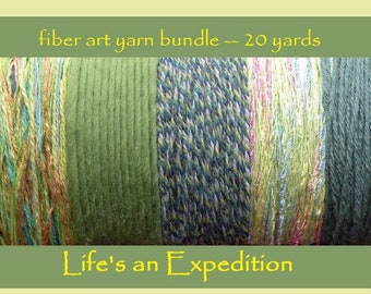 SALE Fiber art yarn bundle, 20 yards, lime green yellow, 5 different yarns, assorted yarns trim assortment paper craft scrapbooking i608