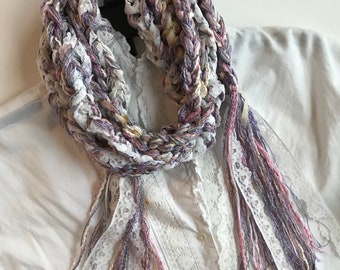 Long crochet scarf in silk cotton lace, women's knit cottagecore, Mother's Day birthday, pale blue pink purple white winter spring  i846
