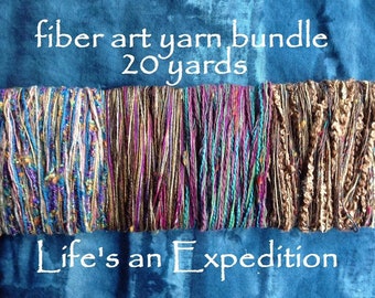 SALE Yarn bundle, scrapbook fiber art samples lot, blue purple brown mixed media collage, 20 yards embellishment i470 Life's an Expedition