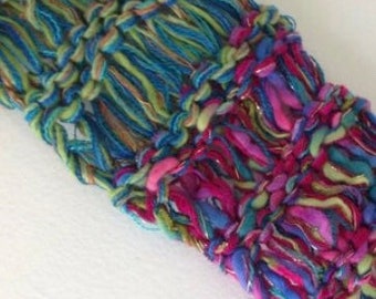 Wide headband, hand knit, adult women teen girl, pink purple green blue, stretch dread head wrap messy bun hat crochet button soft wool i412