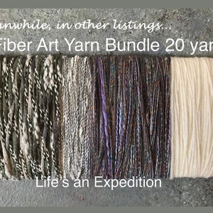 Puede incluir: Un paquete de cuatro ovillos de hilo, cada uno de 20 yardas de largo. Los ovillos son en tonos de gris, blanco y morado. El texto "Fiber Art Yarn Bundle 20 yards" y "Life's an Expedition" es visible en la etiqueta.