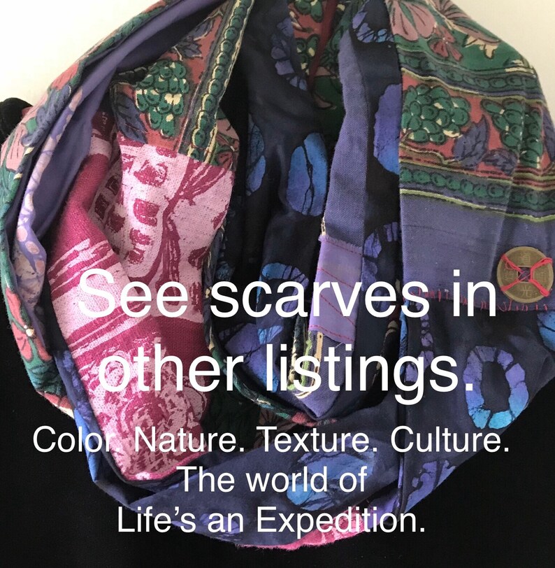 Crochet scarf, women's fashion knit, bohemian fiber art silk wool cotton blue pink purple Lhasa i801 Life's an Expedition LifesanExpedition image 9