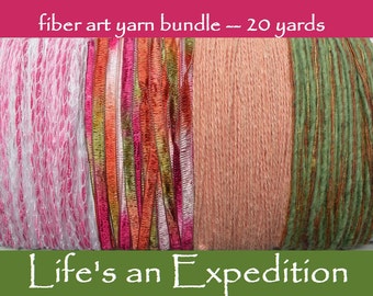 Cotton yarn bundle, lime green pink peach red, scrapbooking embellishment 20 yards fiber art assorted paper crafts LifesAnExpedition i617