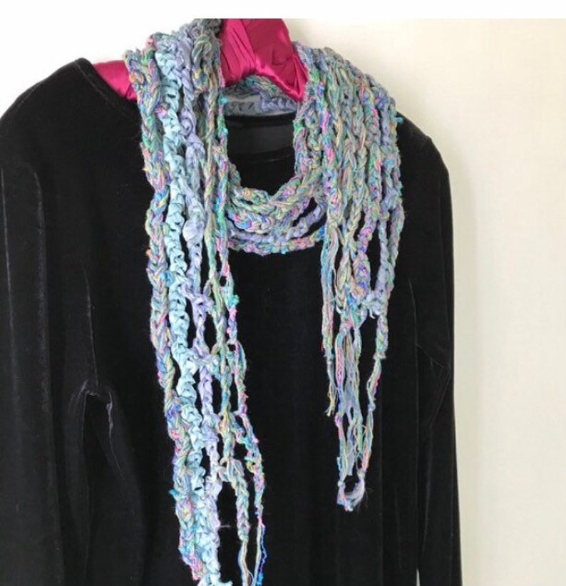 Crochet scarf, women's fashion knit, bohemian fiber art silk wool cotton blue pink purple Lhasa i801 Life's an Expedition LifesanExpedition image 4