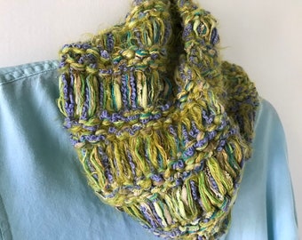 Women's knit cowl, CASHMERE merino wool neck funnel, winter hood, neck warmer, warm scarf, blue green yellow crochet i873 LifeaAnExpedition