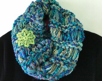 Neckwarmer women's scarf, funnel neck, women's hand knit cowl, snowflake blue teal green, warm wool, winter crochet LifesAnExpedition 852