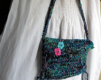 Shoulder bag purse handbag, wedding bag, soft merino wool, beaded flowers, floral teal blue green pink lined bag i671 LifesAnExpedition