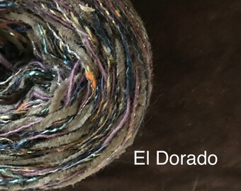 Yarn: brown worsted cotton blend El Dorado, chocolate chenille plum blue green art yarn 100 yards by Life's an Expedition, LifesAnExpedition