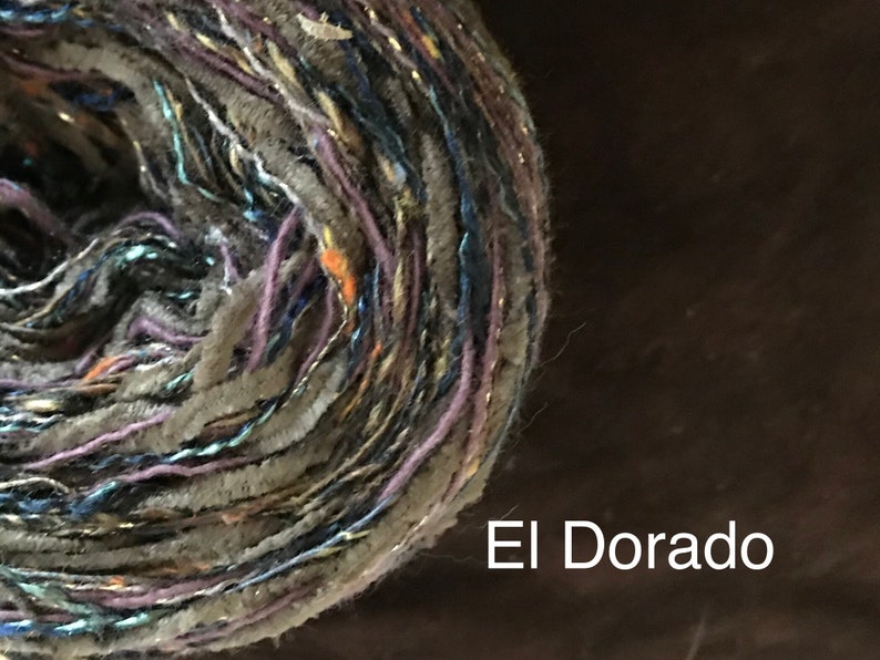 Yarn: brown worsted cotton blend El Dorado, chocolate chenille plum blue green art yarn 100 yards by Life's an Expedition, LifesAnExpedition image 1