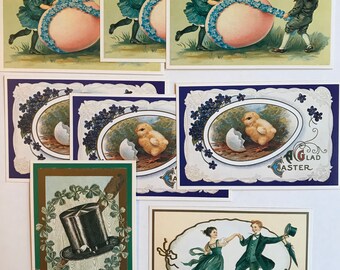 Postcards:  6 Easter and 2 St. Patrick's postcards, vintage prints of antique Victorian designs, brocante shabby flea market  Scrapbooking