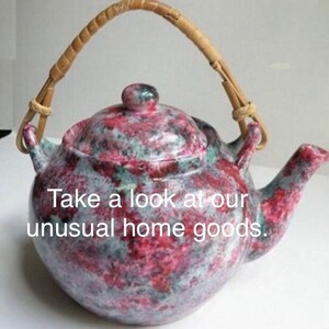 May include: A red and white speckled teapot with a brown woven handle. The teapot has a lid and a spout.