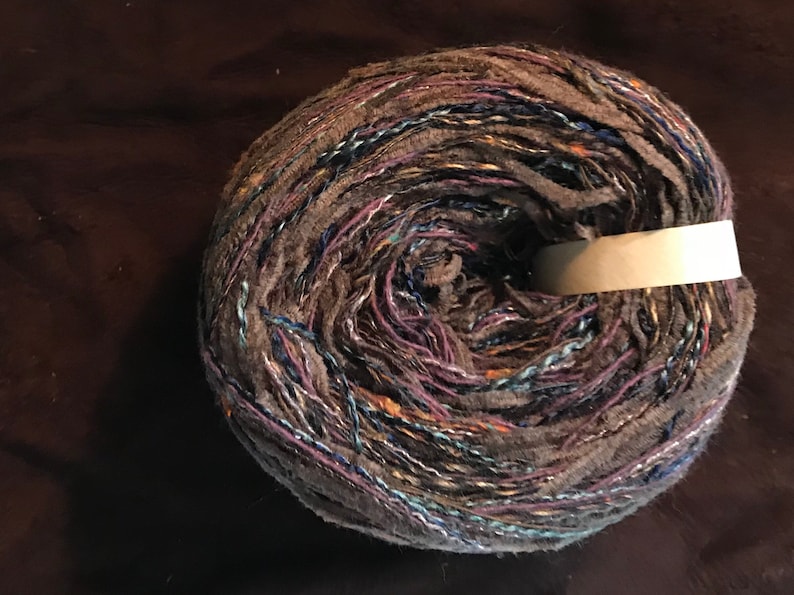 Yarn: brown worsted cotton blend El Dorado, chocolate chenille plum blue green art yarn 100 yards by Life's an Expedition, LifesAnExpedition image 3