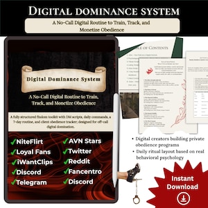 Puede incluir: Kit Digital Dominance System con scripts DM, rutina de 7 días y seguimiento de la obediencia del cliente. Incluye una lista de plataformas como NiteFlirt e iWantClips. Con el texto "Descarga instantánea" y esposas.