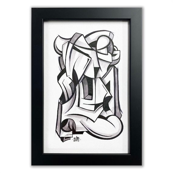 Figure Gun - Original ink drawing on Paper | Signed , Framed and Ready to Hang - 6x9