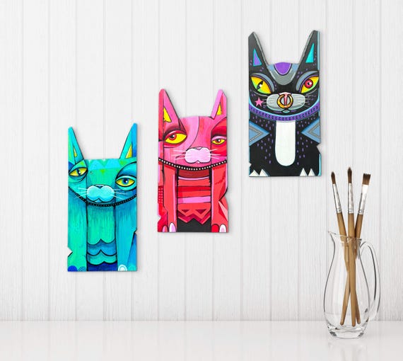 Funk Cat Crew - Mixed Media on Cut Wood - Each 12" tall x 5.5" wide