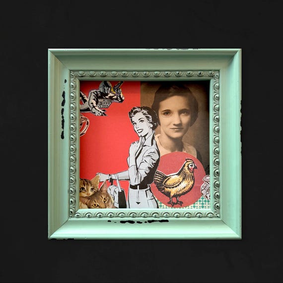 Mother Hen - Original 6" x 6" Collage framed
