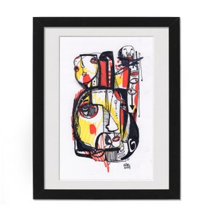 May include: Abstract art print featuring a black frame and a white background with a colorful illustration of multiple faces in red, yellow, and black. The text "HOW CAN YOU GET" is visible in the image.