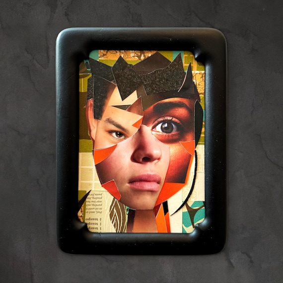 Portrait of Intense Youth - Original 5" x 7" Collage framed