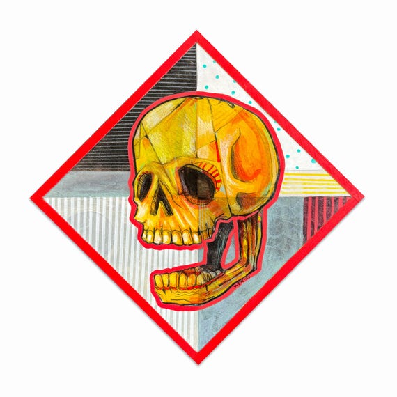 Golden Skull - 6" x 6" Original Mixed Media Painting
