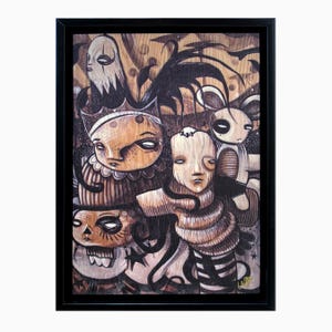 May include: A framed print of a whimsical illustration featuring five cartoon characters with large eyes and intricate details. The characters are depicted in a layered composition, with a crown-wearing figure at the center. The background is a textured, wood-grain pattern with a muted color palette of browns, blacks, and whites.