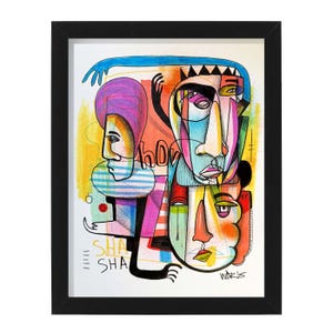 May include: Abstract art print in a black frame. The artwork features multiple faces with bold lines and vibrant colors, including blue, pink, yellow, and orange. The word "how" is visible, along with the words "sha" and "sha".