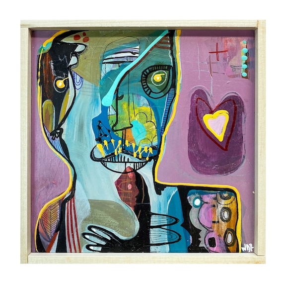 Outlined in Caution - Original Mixed Media painting on 7" x 7" wood Panel