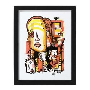 May include: A framed illustration with a colorful abstract design featuring multiple faces and geometric shapes. The artwork is done in black, yellow, orange, and red. The text "WE" is visible in the bottom right corner.